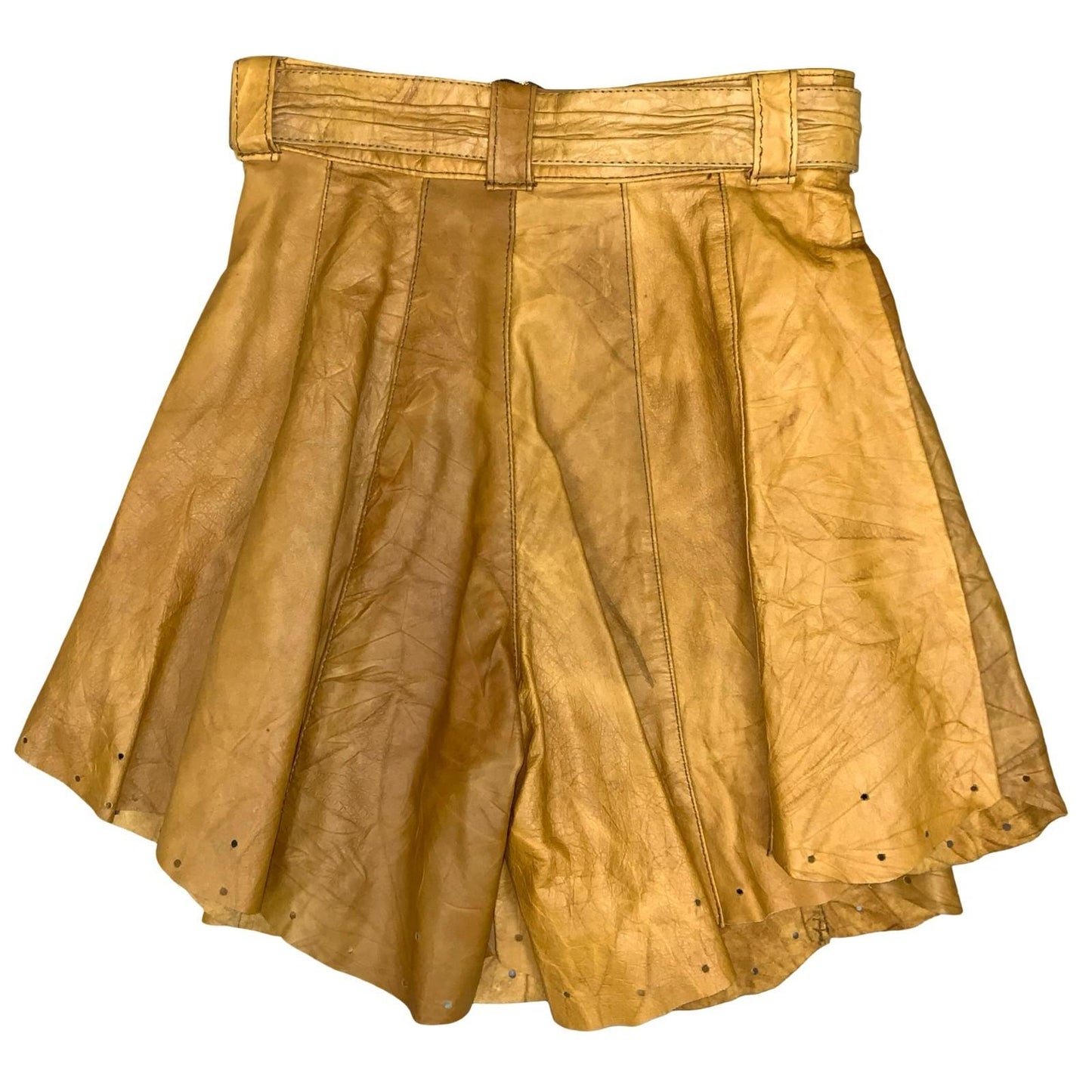Vtg 80s 90s Tan Yellow Leather Western High-Waist Floaty Shorts UK 8
