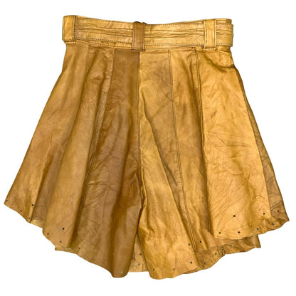 Vtg 80s 90s Tan Yellow Leather Western High-Waist Floaty Shorts UK 8
