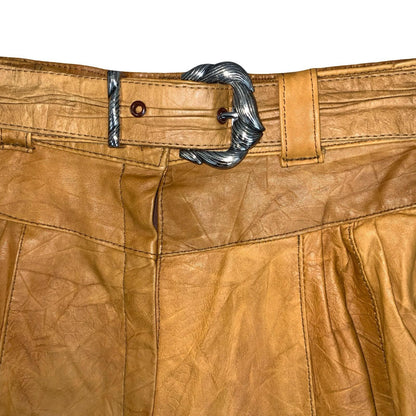 Vtg 80s 90s Tan Yellow Leather Western High-Waist Floaty Shorts UK 8