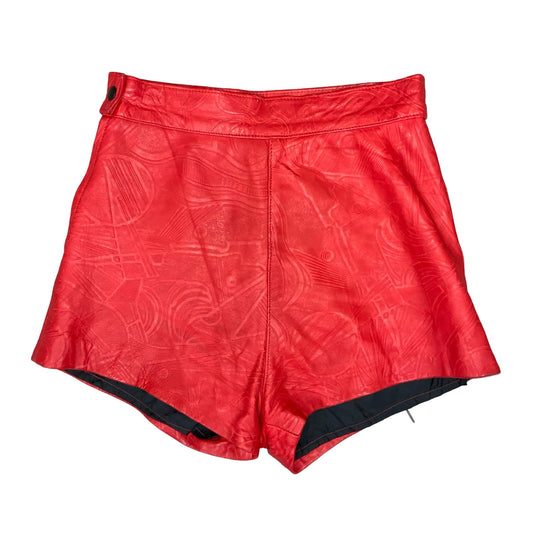 Vtg 80s 90s Red Leather High-Waist Patterned Party Hot Pants Shorts UK 8