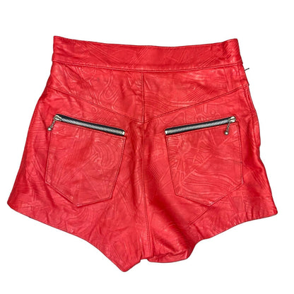 Vtg 80s 90s Red Leather High-Waist Patterned Party Hot Pants Shorts UK 8