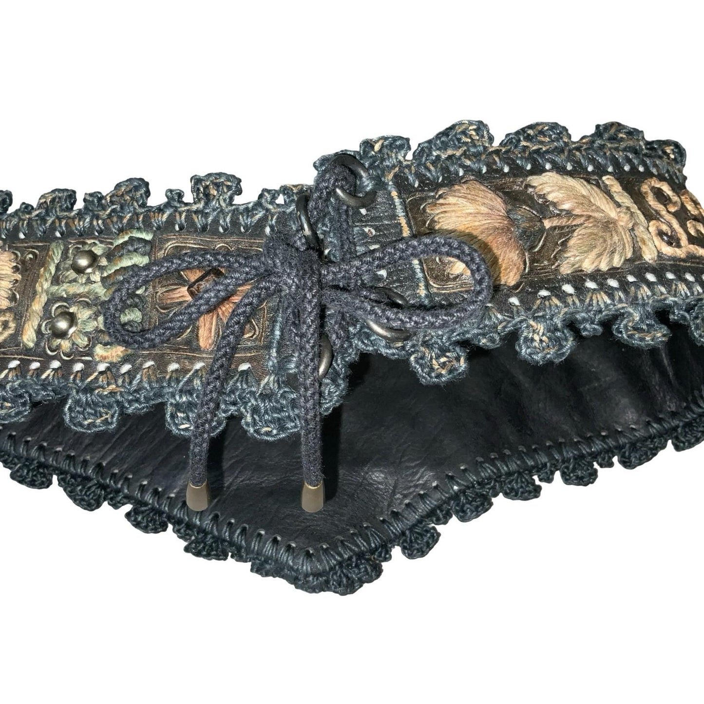 Women's Traditional Bavarian Woven Embroidered Leather Waist Belt M UK 12/14