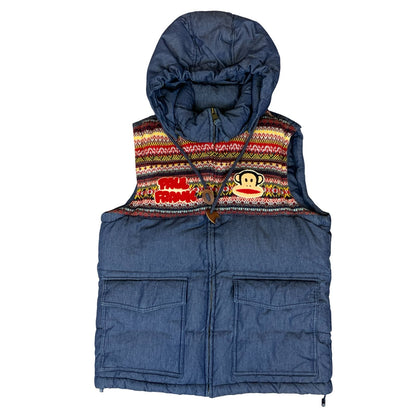 90s Y2K Paul Frank Blue Denim Colourful Monkey Puffer Gilet Body Warmer UK 10