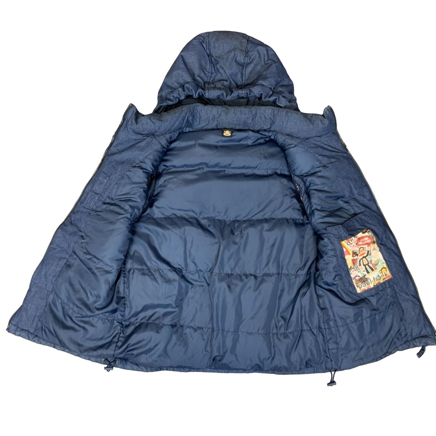 90s Y2K Paul Frank Blue Denim Colourful Monkey Puffer Gilet Body Warmer UK 10