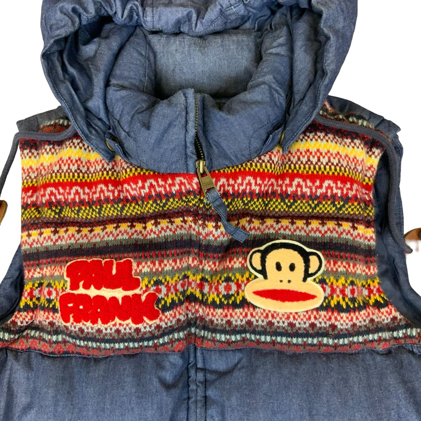 90s Y2K Paul Frank Blue Denim Colourful Monkey Puffer Gilet Body Warmer UK 10