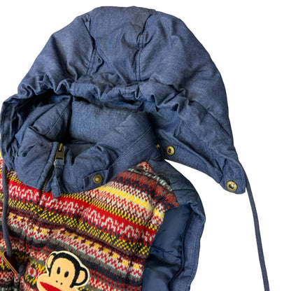 90s Y2K Paul Frank Blue Denim Colourful Monkey Puffer Gilet Body Warmer UK 10