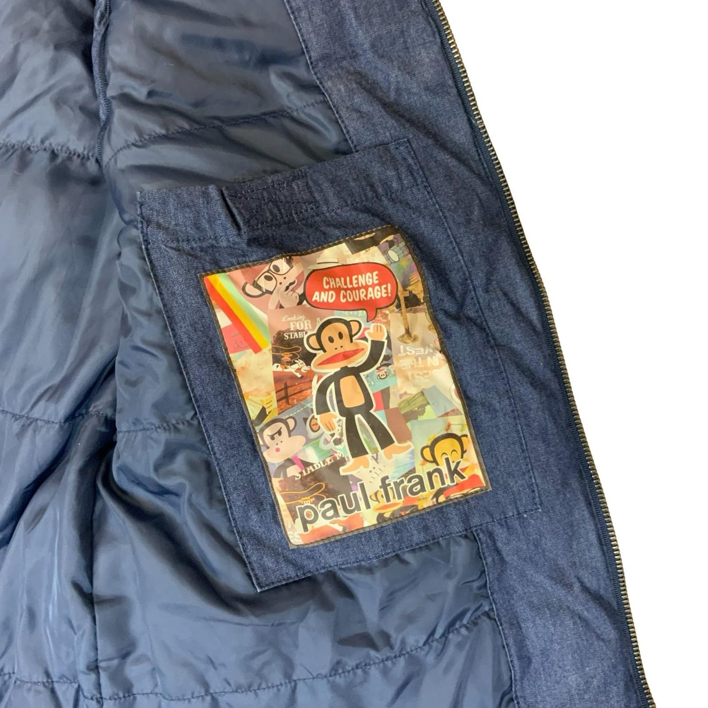 90s Y2K Paul Frank Blue Denim Colourful Monkey Puffer Gilet Body Warmer UK 10