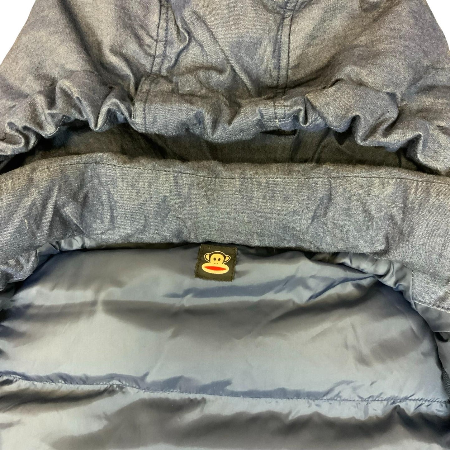 90s Y2K Paul Frank Blue Denim Colourful Monkey Puffer Gilet Body Warmer UK 10