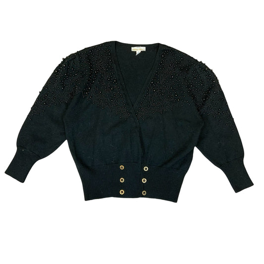 Vtg 80s Peter Hahn Black Beaded Embellished Double-Breasted Wool Cardigan UK 16