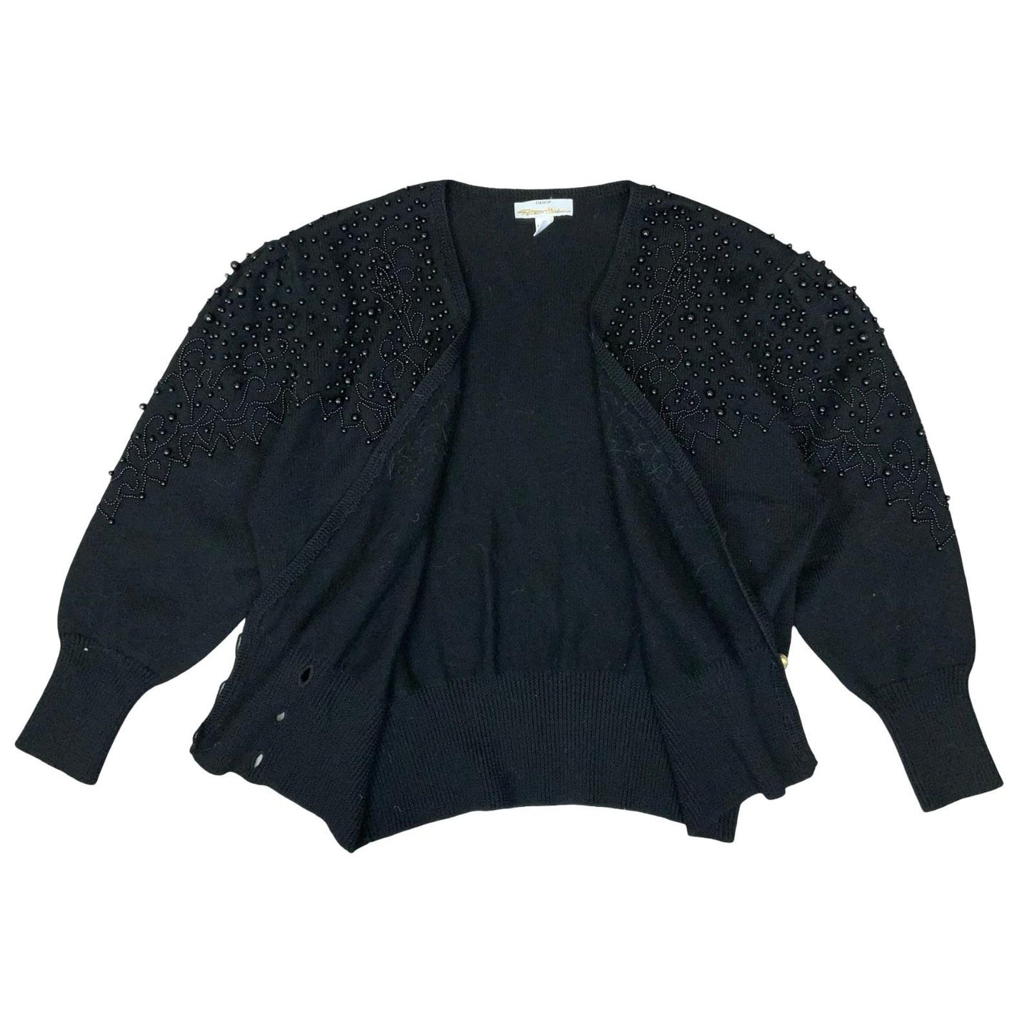 Vtg 80s Peter Hahn Black Beaded Embellished Double-Breasted Wool Cardigan UK 16