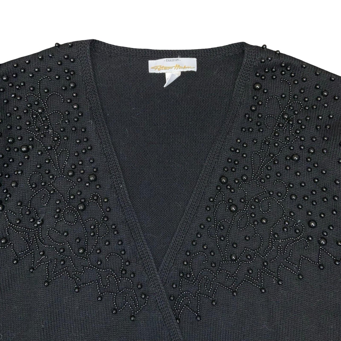 Vtg 80s Peter Hahn Black Beaded Embellished Double-Breasted Wool Cardigan UK 16