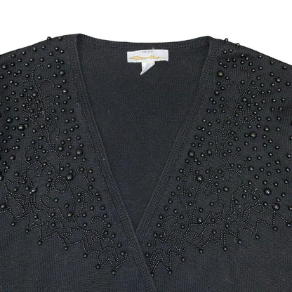 Vtg 80s Peter Hahn Black Beaded Embellished Double-Breasted Wool Cardigan UK 16