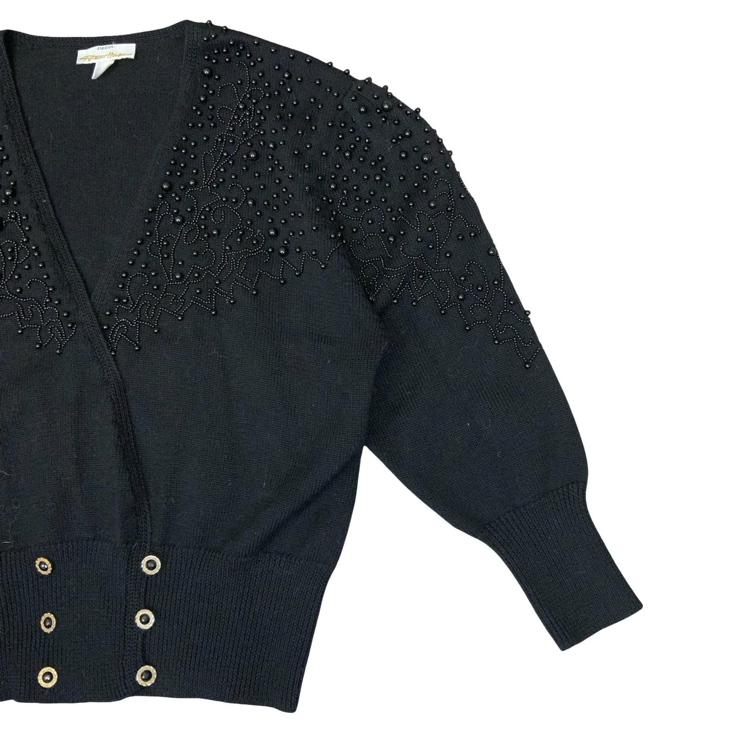 Vtg 80s Peter Hahn Black Beaded Embellished Double-Breasted Wool Cardigan UK 16