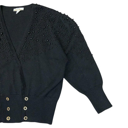 Vtg 80s Peter Hahn Black Beaded Embellished Double-Breasted Wool Cardigan UK 16