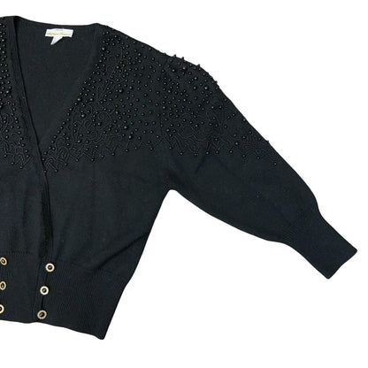 Vtg 80s Peter Hahn Black Beaded Embellished Double-Breasted Wool Cardigan UK 16