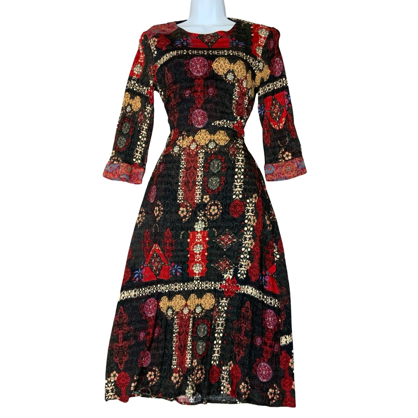 Vtg 90s 'Desigual' Black Red Geometric Boho Floral Patchwork Dress S UK 8/10