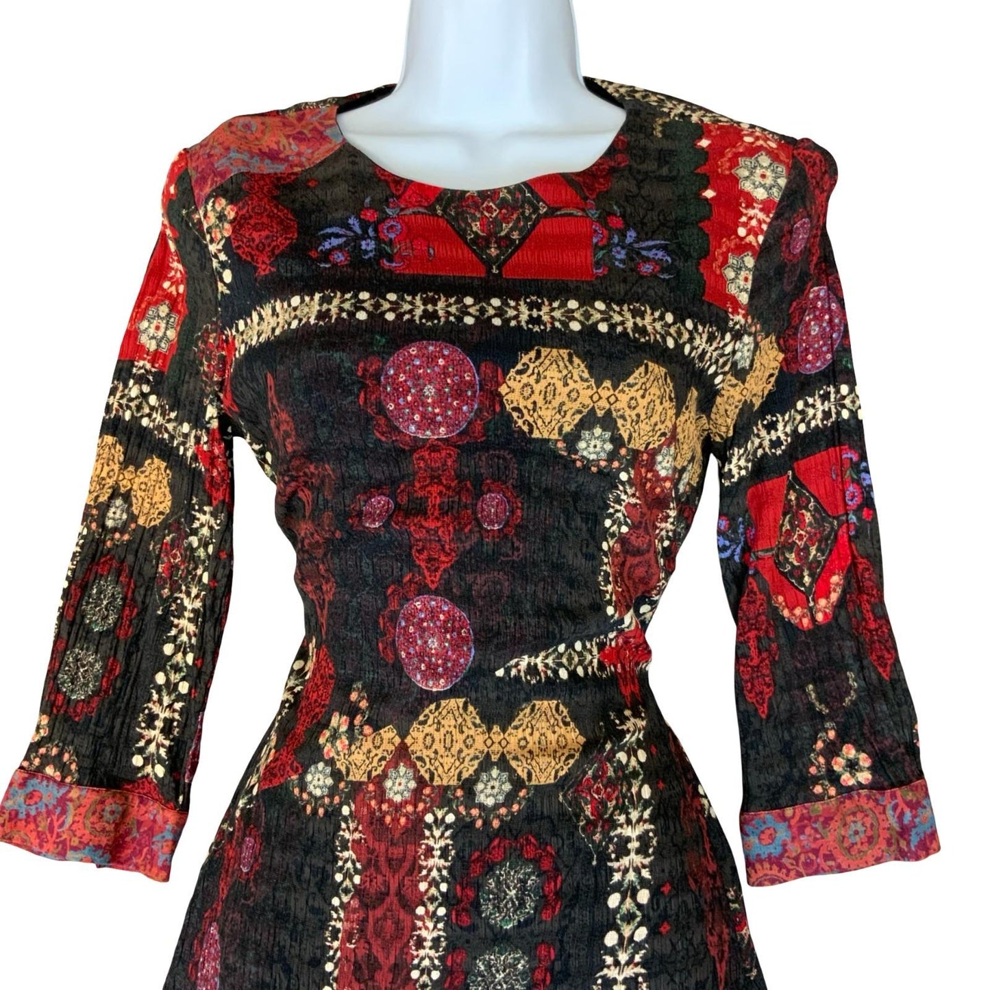 Vtg 90s 'Desigual' Black Red Geometric Boho Floral Patchwork Dress S UK 8/10