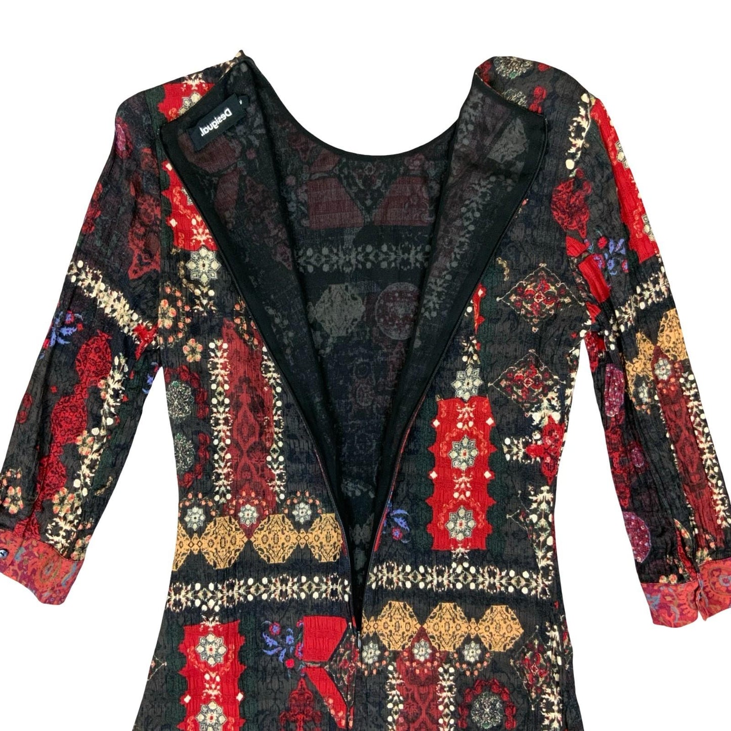 Vtg 90s 'Desigual' Black Red Geometric Boho Floral Patchwork Dress S UK 8/10