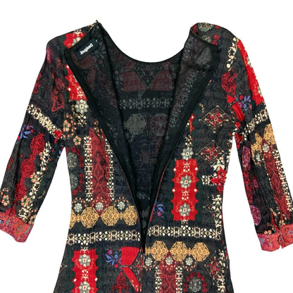 Vtg 90s 'Desigual' Black Red Geometric Boho Floral Patchwork Dress S UK 8/10