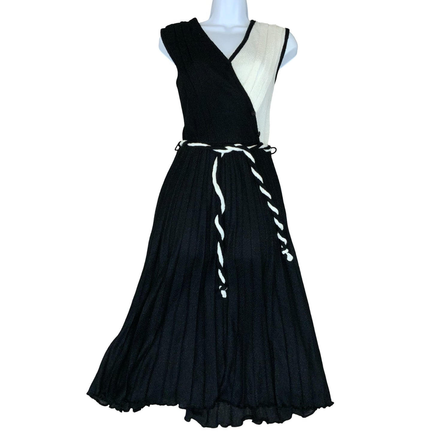 Vtg 80s Black White Pleated Rope Belted Party A-Line Midi Dress S UK 8