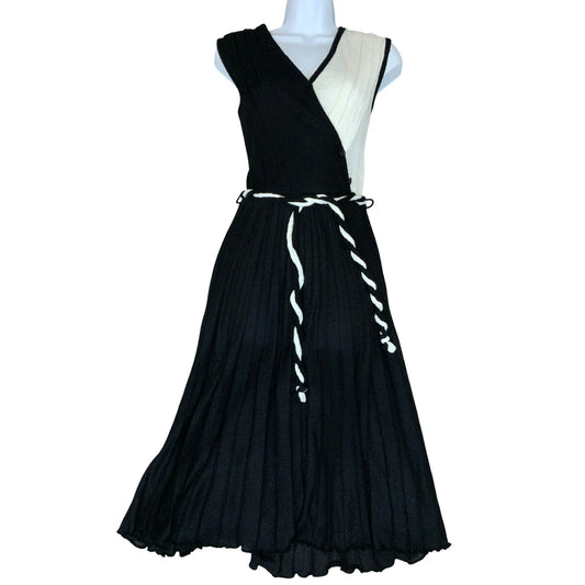 Vtg 80s Black White Pleated Rope Belted Party A-Line Midi Dress S UK 8