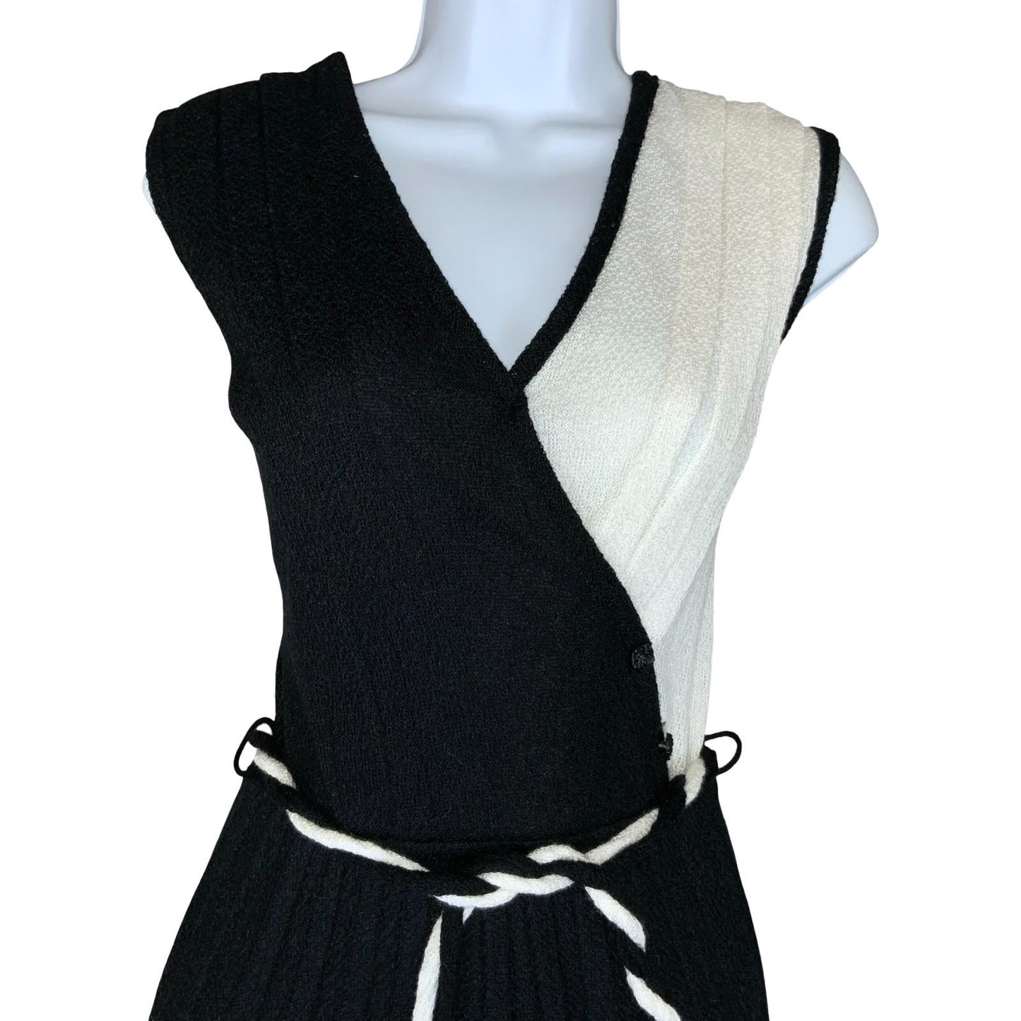 Vtg 80s Black White Pleated Rope Belted Party A-Line Midi Dress S UK 8
