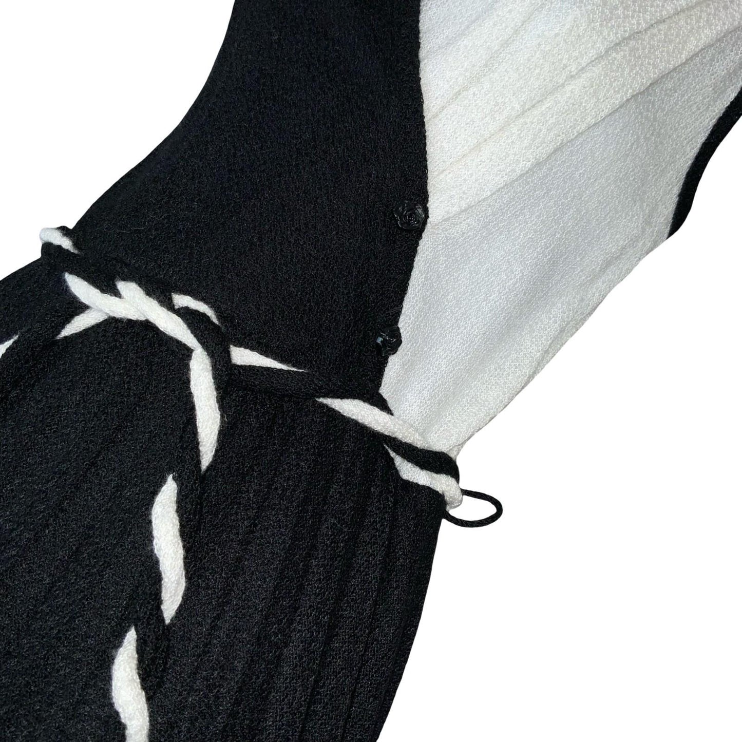 Vtg 80s Black White Pleated Rope Belted Party A-Line Midi Dress S UK 8