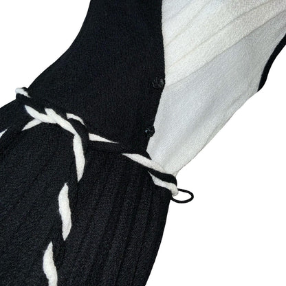 Vtg 80s Black White Pleated Rope Belted Party A-Line Midi Dress S UK 8
