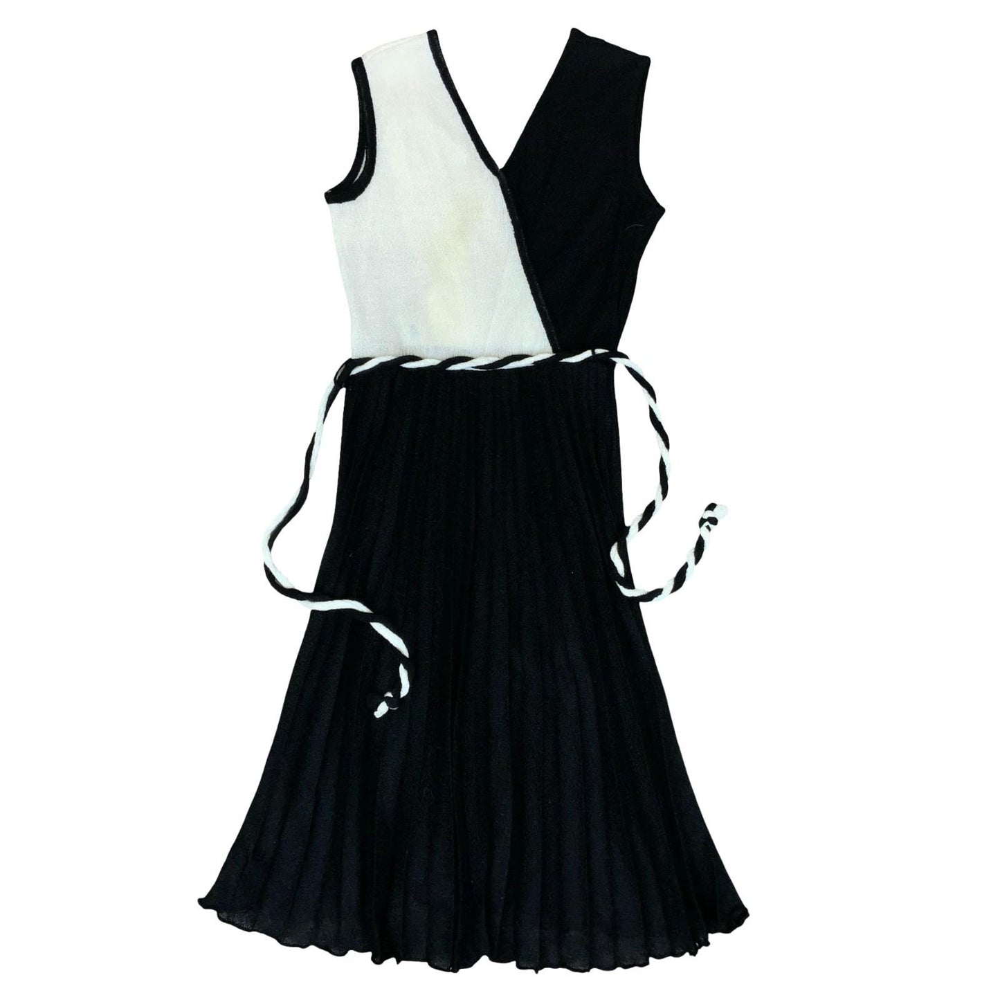 Vtg 80s Black White Pleated Rope Belted Party A-Line Midi Dress S UK 8
