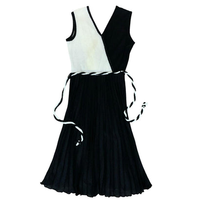 Vtg 80s Black White Pleated Rope Belted Party A-Line Midi Dress S UK 8