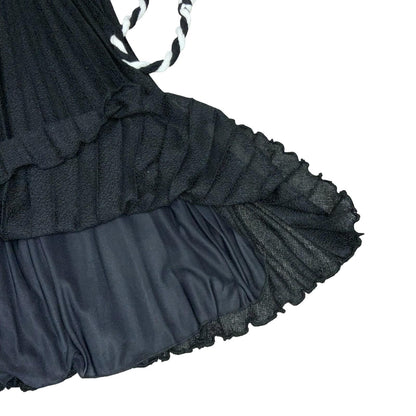 Vtg 80s Black White Pleated Rope Belted Party A-Line Midi Dress S UK 8