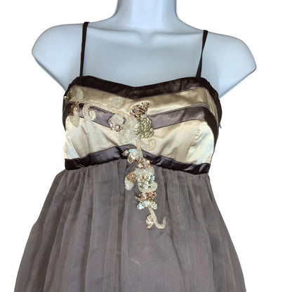 Y2K Lipsy London Grey Cream Floral Party Evening Babydoll Dress XS UK 6