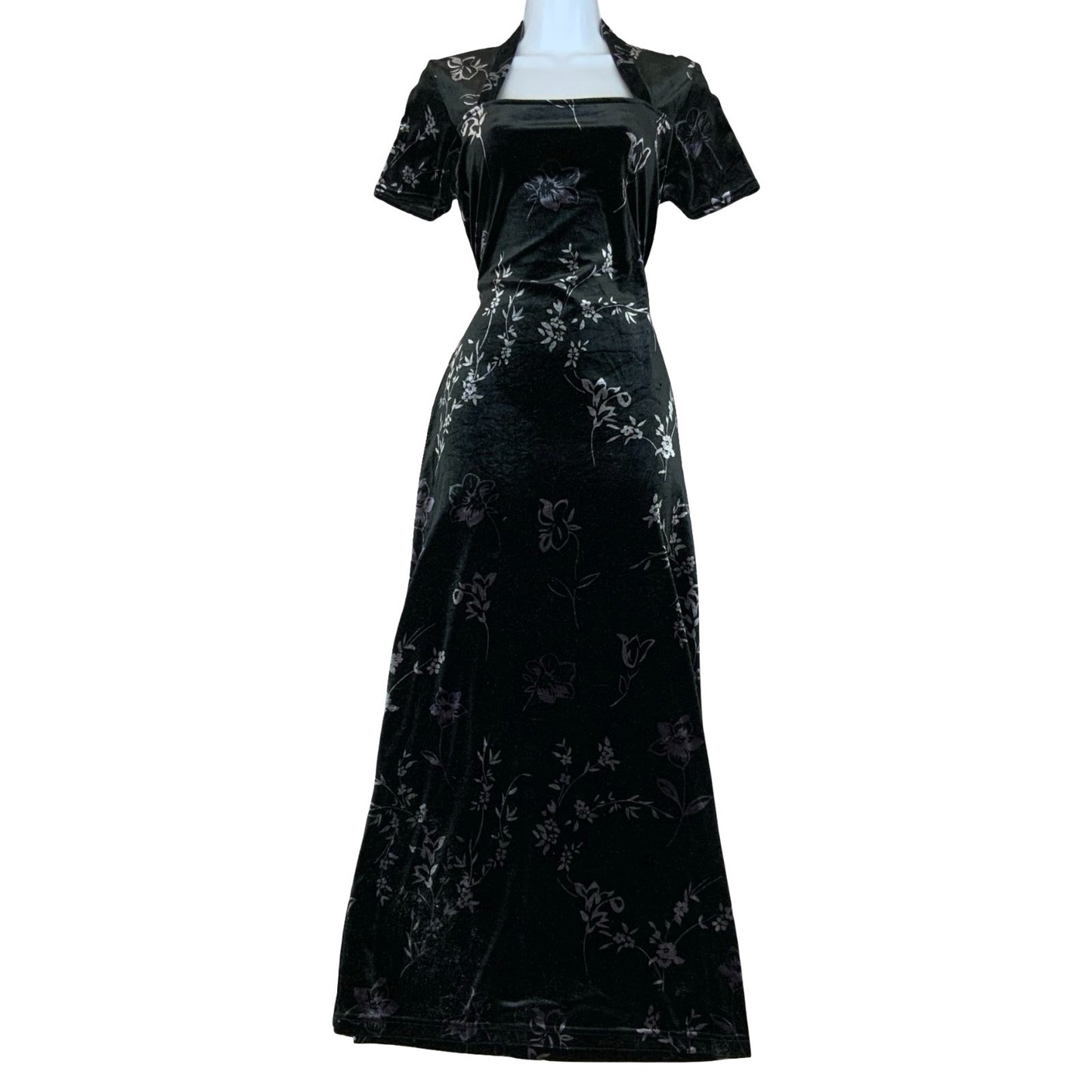 Vtg 90s Kathie Lee Black Grey Purple Floral Velvet Gothic Fitted Maxi Dress UK 8
