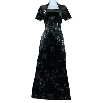 Vtg 90s Kathie Lee Black Grey Purple Floral Velvet Gothic Fitted Maxi Dress UK 8