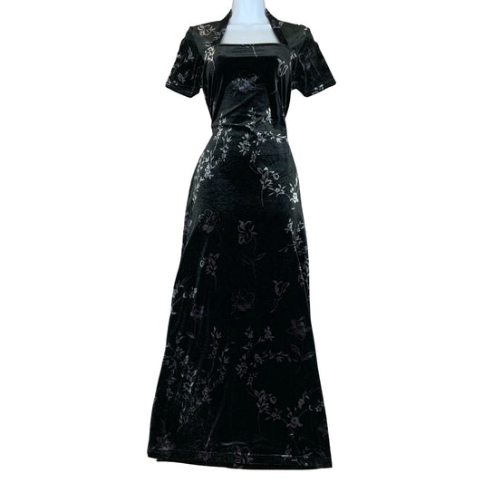 Vtg 90s Kathie Lee Black Grey Purple Floral Velvet Gothic Fitted Maxi Dress UK 8
