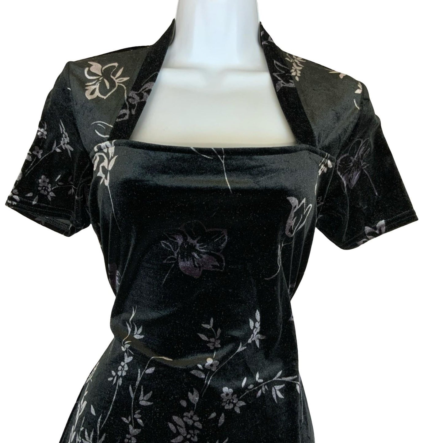 Vtg 90s Kathie Lee Black Grey Purple Floral Velvet Gothic Fitted Maxi Dress UK 8