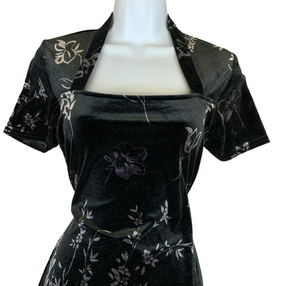 Vtg 90s Kathie Lee Black Grey Purple Floral Velvet Gothic Fitted Maxi Dress UK 8