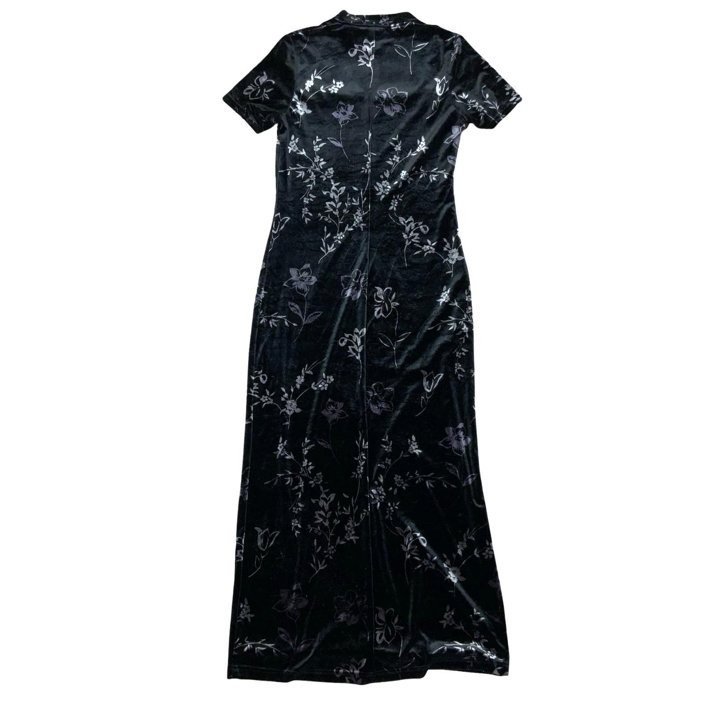 Vtg 90s Kathie Lee Black Grey Purple Floral Velvet Gothic Fitted Maxi Dress UK 8