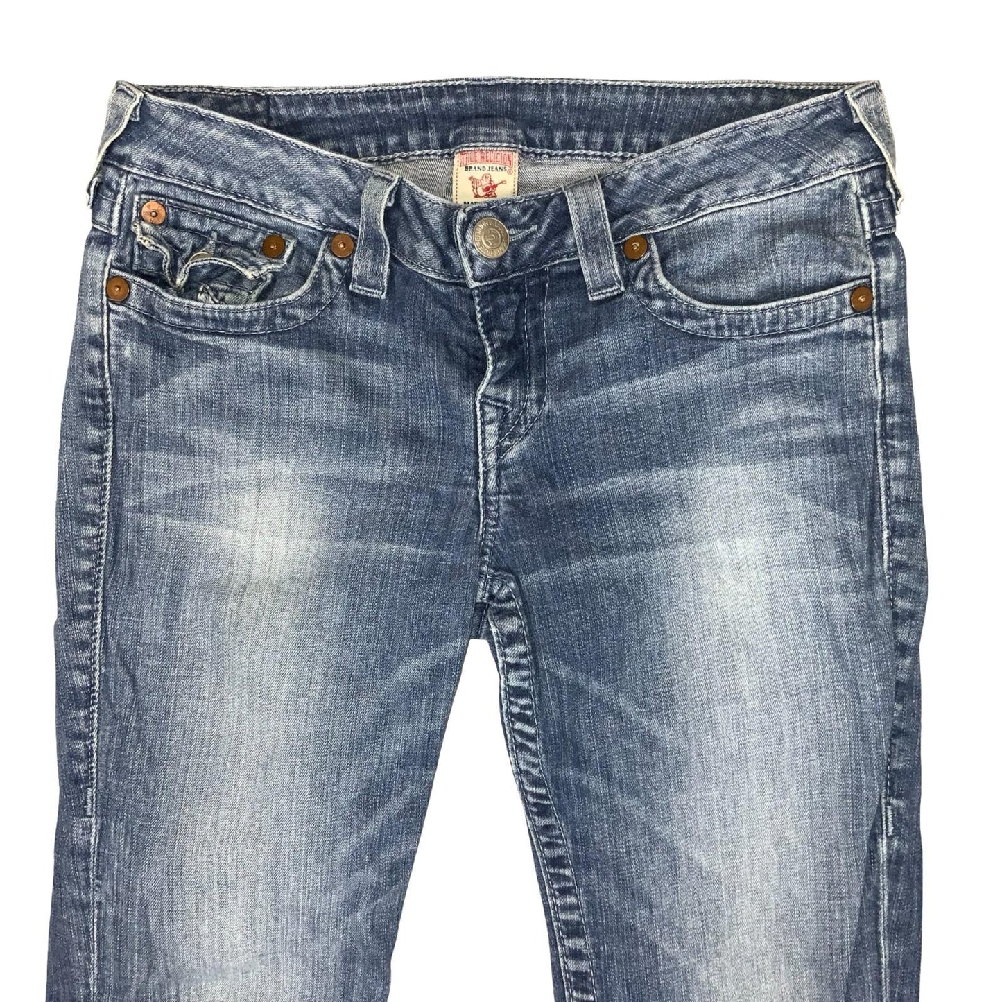 Vtg 'True Religion' Blue Faded Bootcut Low Rise Denim Jeans W30" L33" UK 10