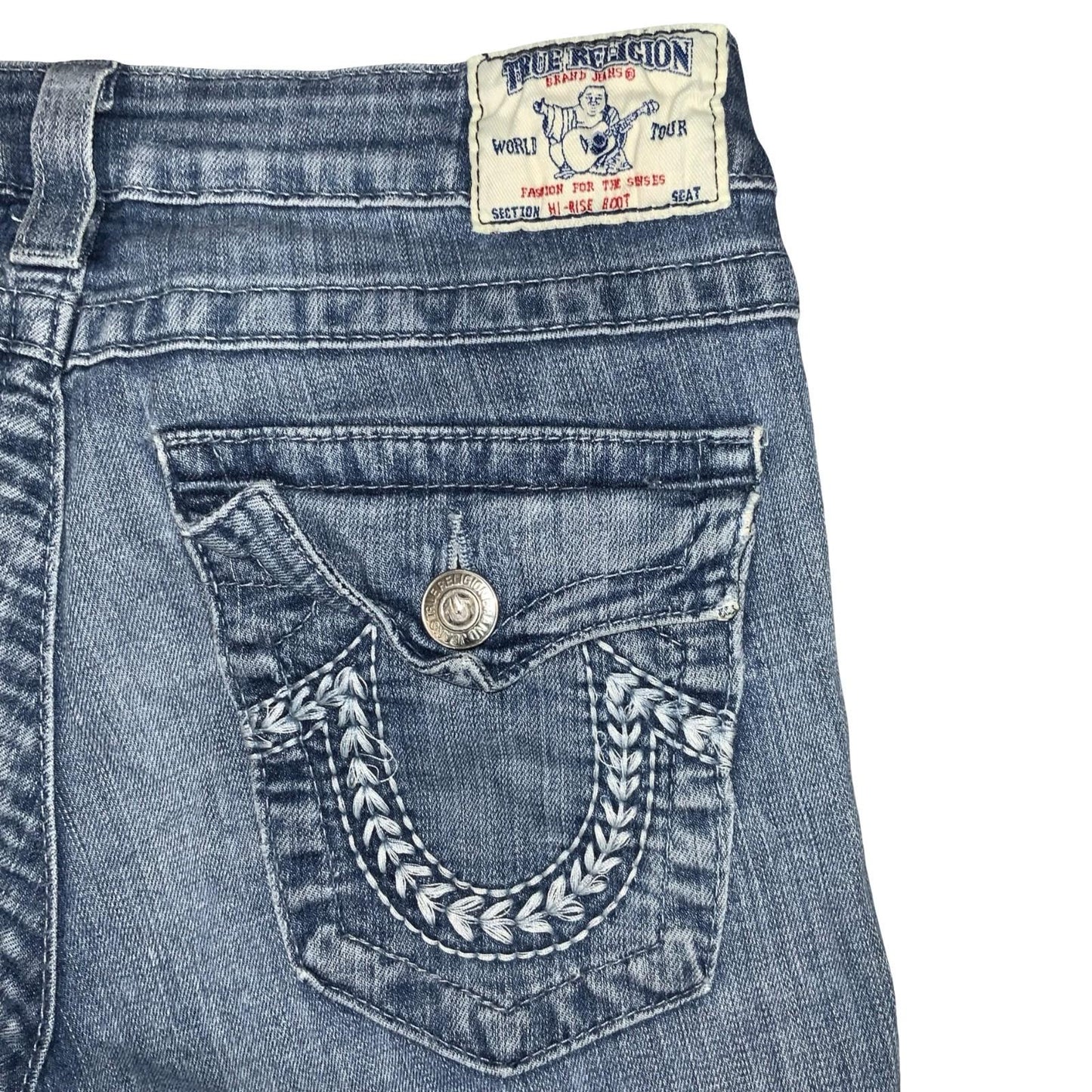 Vtg 'True Religion' Blue Faded Bootcut Low Rise Denim Jeans W30" L33" UK 10