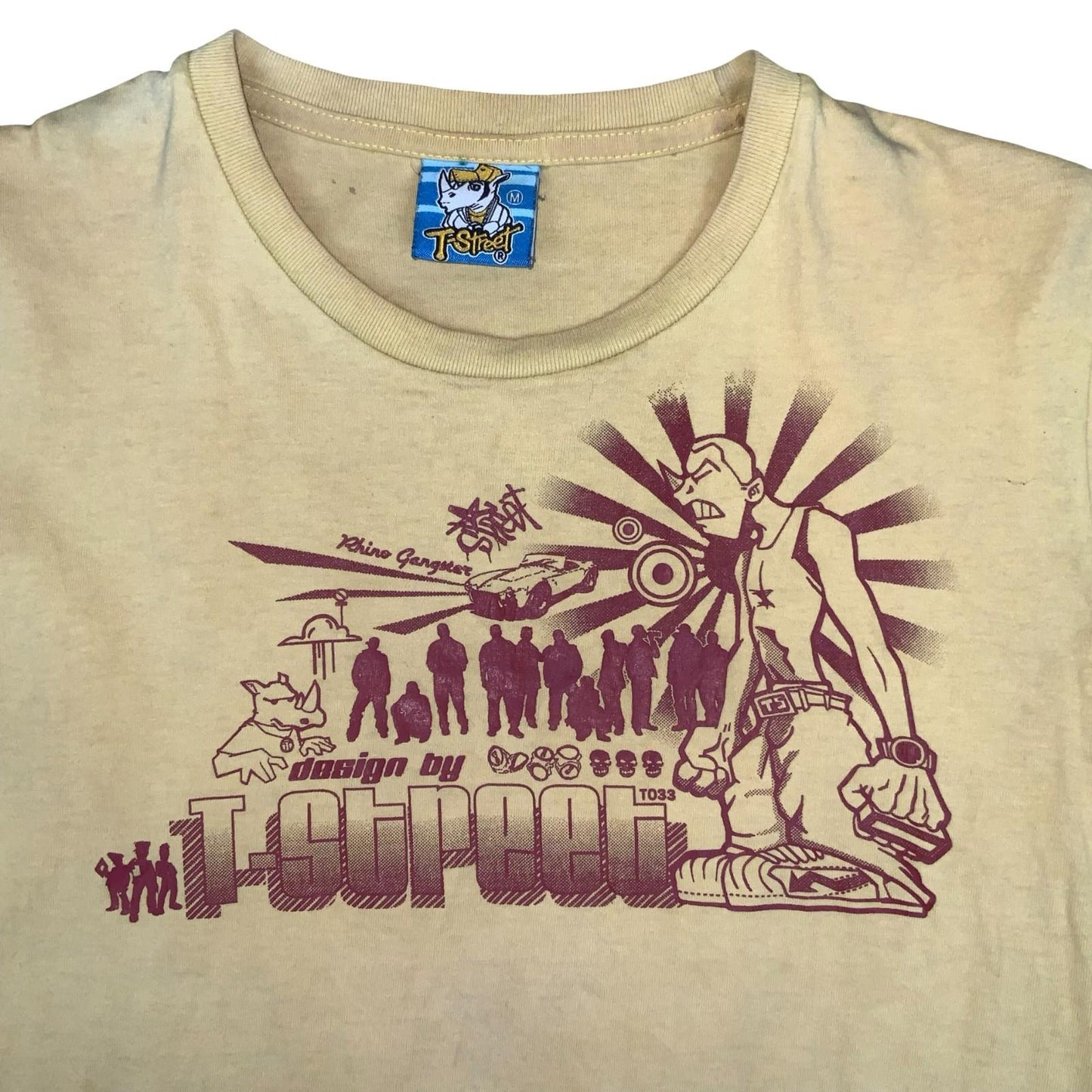 Vtg 90s Y2K T-Street Yellow Rhino Street Graphic Cotton T-Shirt Small UK 10