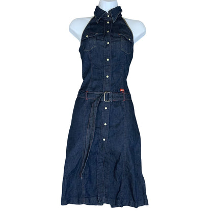 Vtg 90s Y2K 'Miss Sixty' Urban-Renewal Dark Blue Denim Belted Dress XS UK 4/6