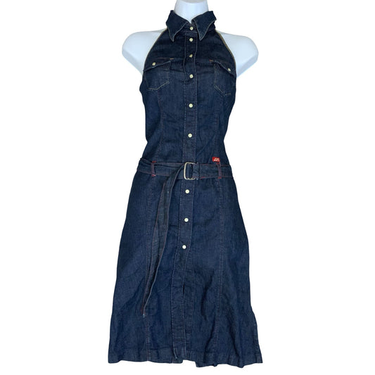 Vtg 90s Y2K 'Miss Sixty' Urban-Renewal Dark Blue Denim Belted Dress XS UK 4/6