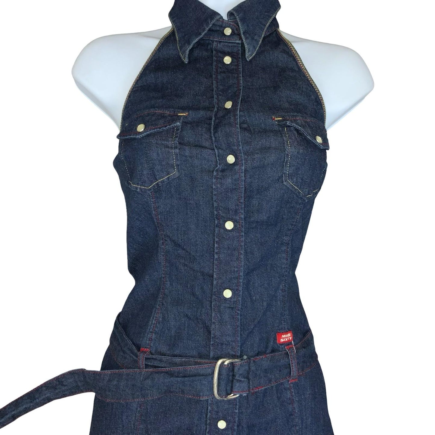 Vtg 90s Y2K 'Miss Sixty' Urban-Renewal Dark Blue Denim Belted Dress XS UK 4/6