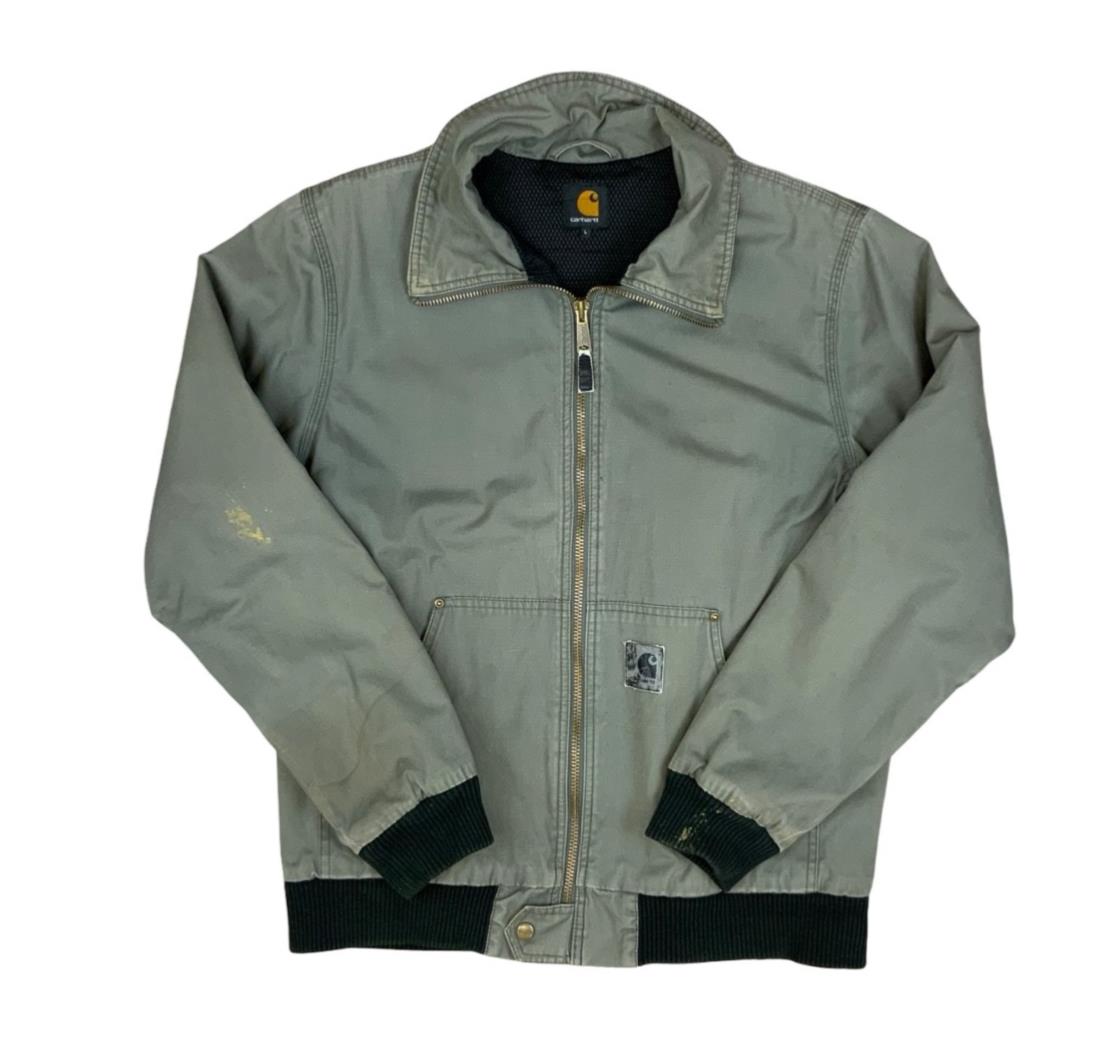 Vtg Carhartt Green Rebel zip up Cotton bomber Jacket Lined Riveted Distressed L