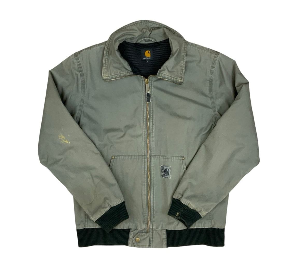 Vtg Carhartt Green Rebel zip up Cotton bomber Jacket Lined Riveted Distressed L