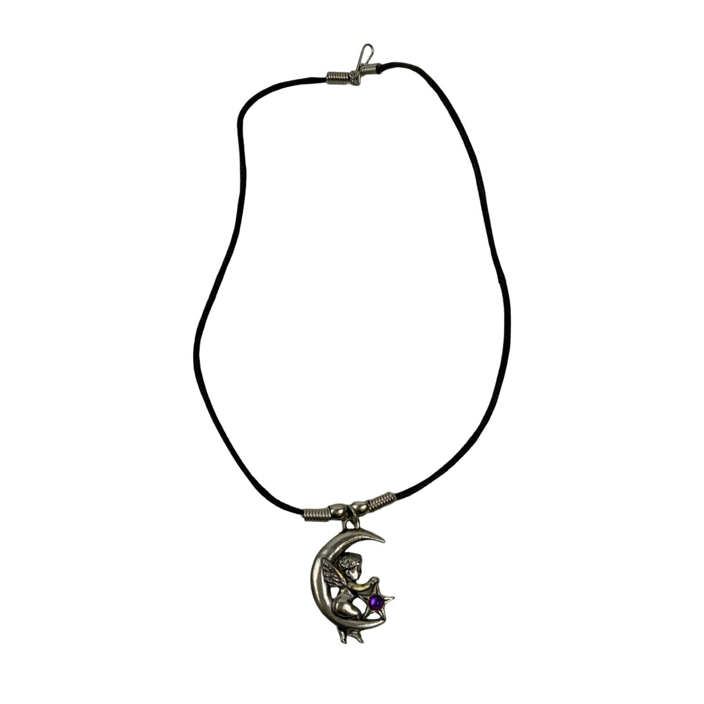 Vintage Deadstock 90s Y2K Silver Fairy Crescent Moon Purple Star Thong Necklace