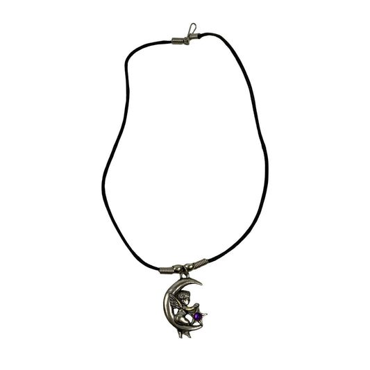 Vintage Deadstock 90s Y2K Silver Fairy Crescent Moon Purple Star Thong Necklace