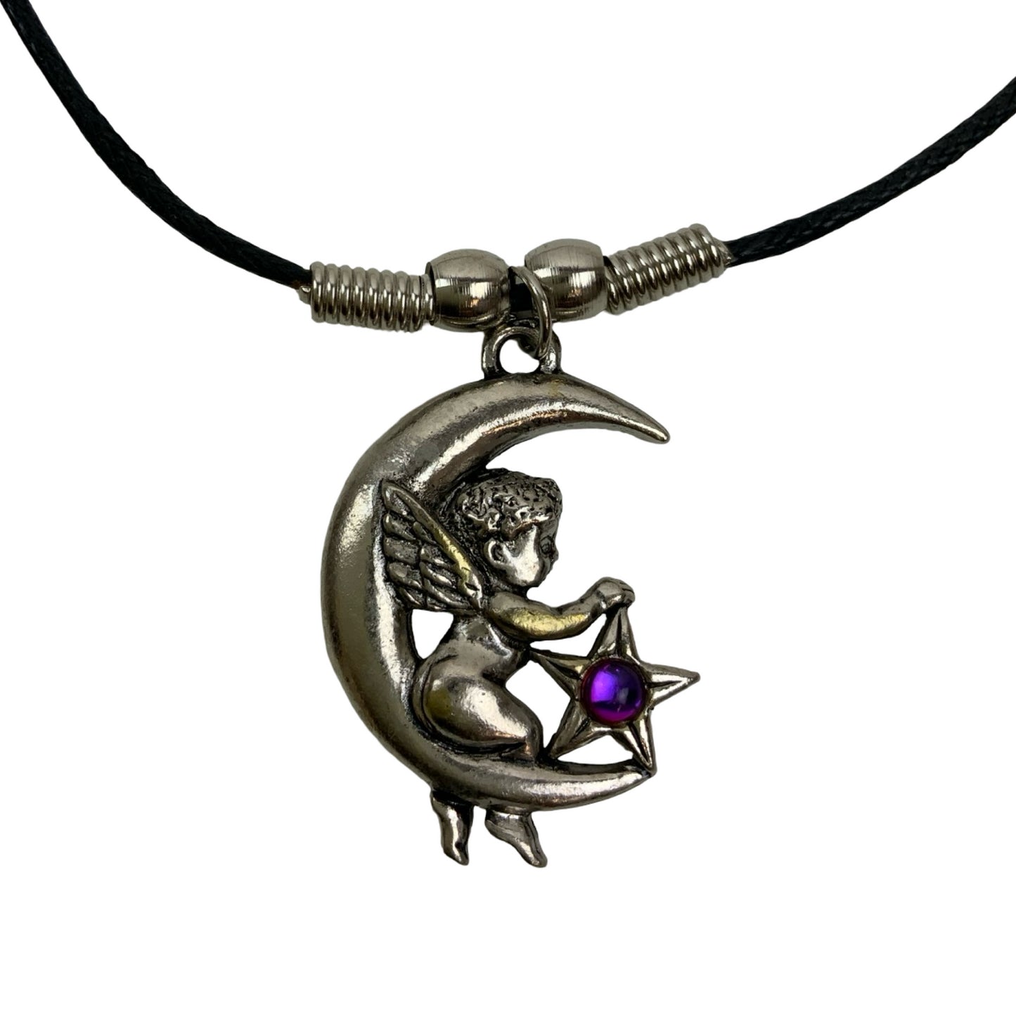 Vintage Deadstock 90s Y2K Silver Fairy Crescent Moon Purple Star Thong Necklace