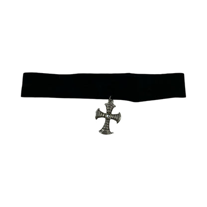 Vintage Deadstock 90s Y2K Silver Cross Gem Stone Grunge Gothic Velvet Choker
